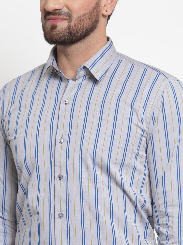 Men Grey Pure Cotton Striped Slim Fit Formal Shirt