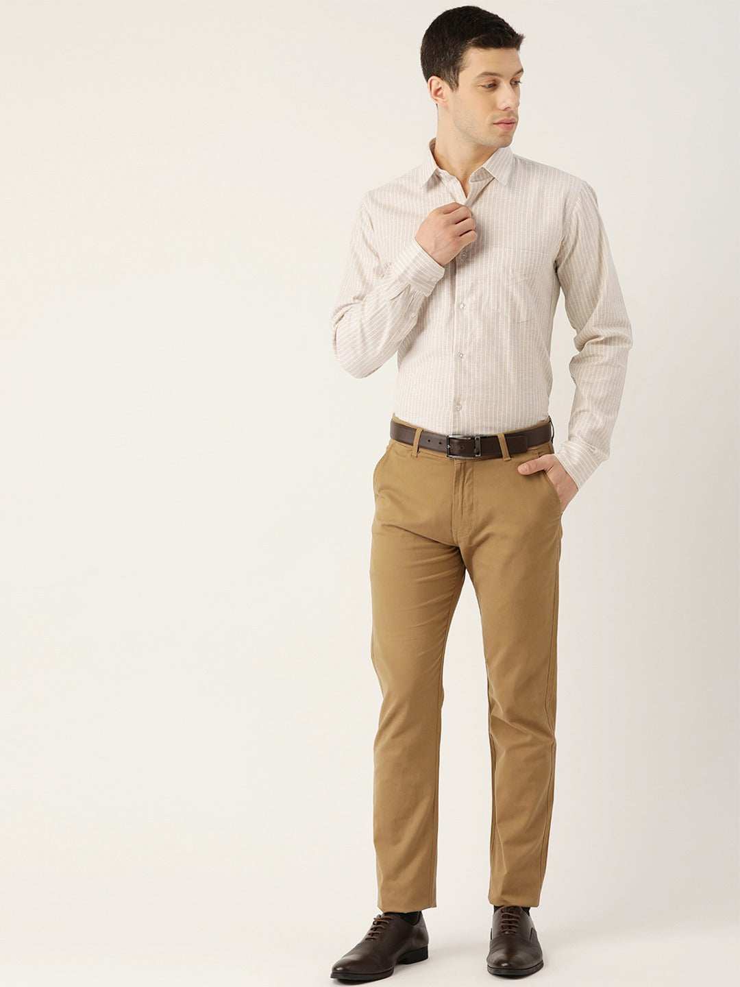 Men Beige Stripes Pure Cotton Slim Fit Formal Shirt