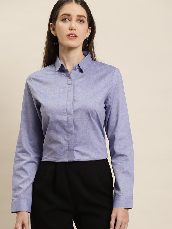 Women Blue Solid Chambray Cotton Rich Slim Fit Formal Shirt
