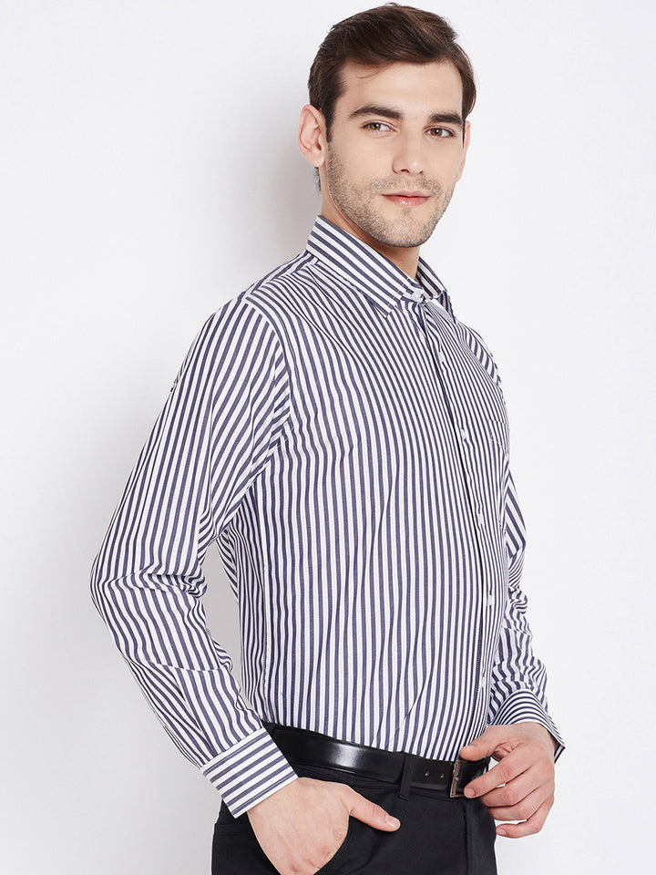 Men Grey & White Pure Cotton Striped Regular Fit Formal Shirt