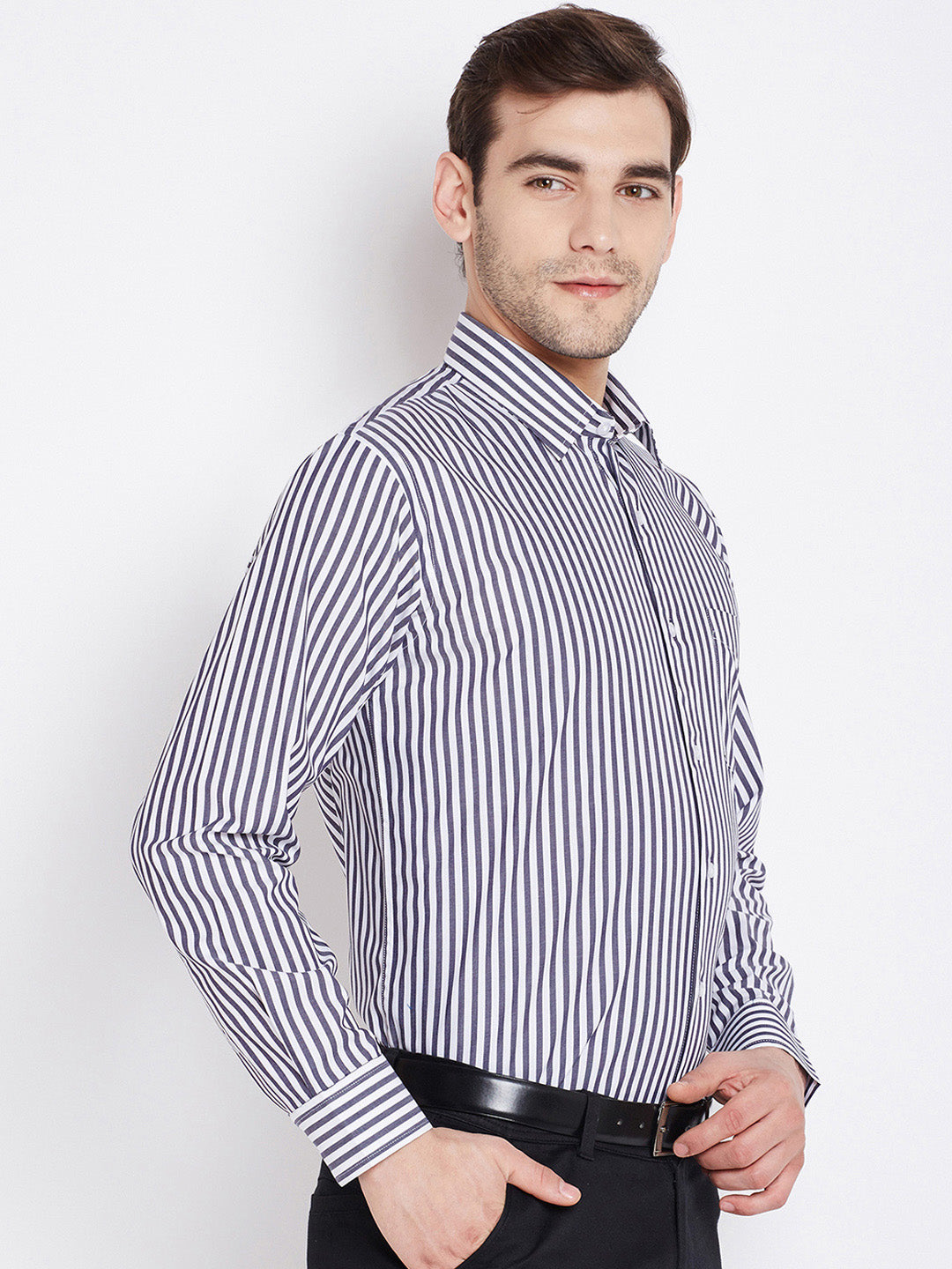 Men Grey & White Pure Cotton Striped Regular Fit Formal Shirt
