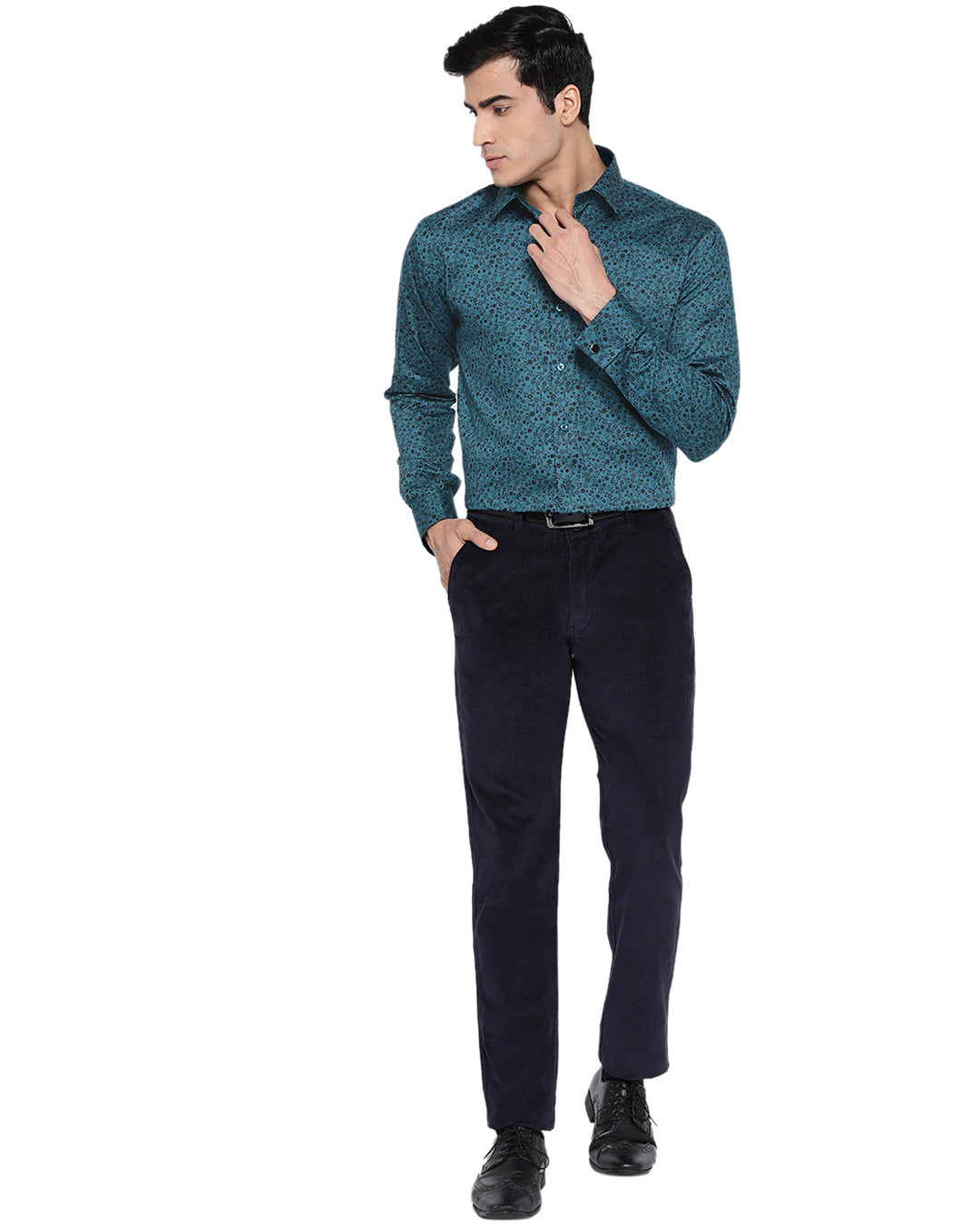 Men Turquoise Cotton Printed Slim Fit Formal Shirt