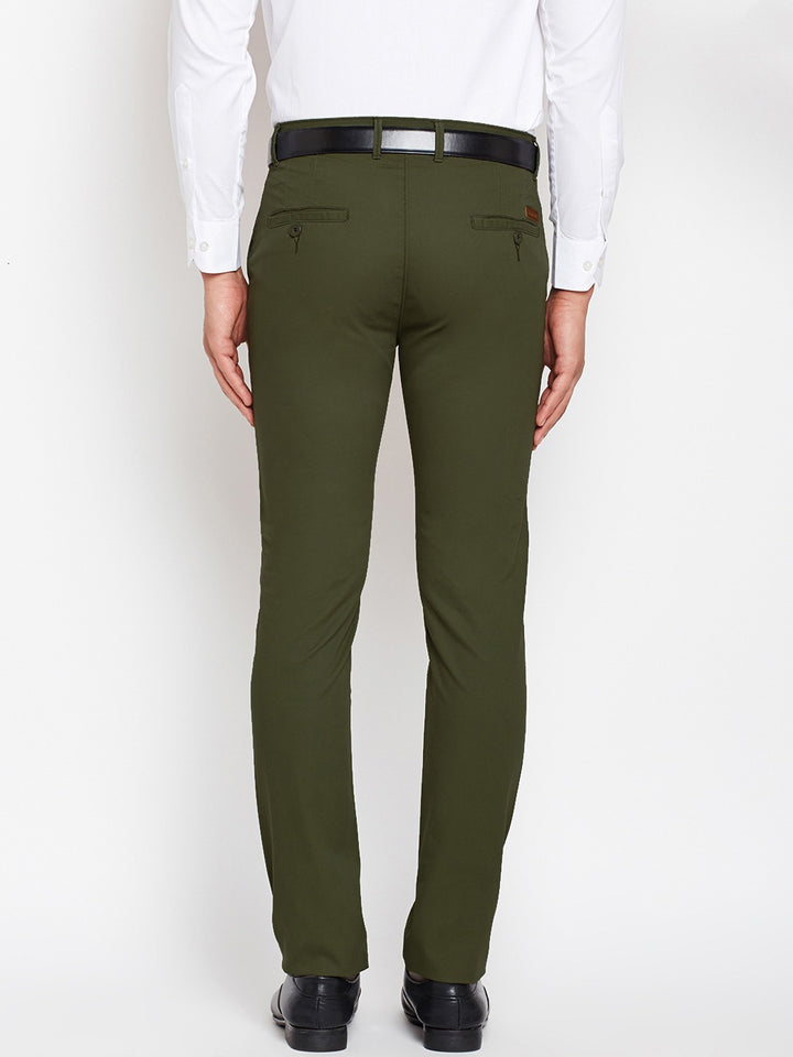 Men Dark Olive Solids Pure Cotton Slim Fit Formal Trouser