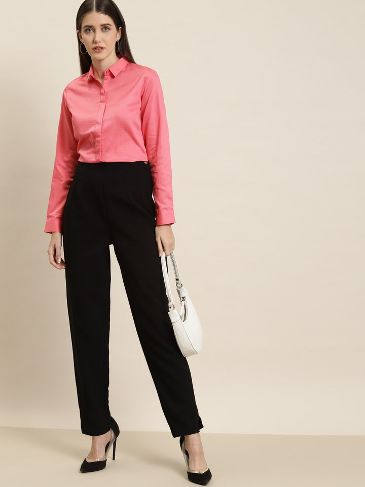 Women Coral Solid Pure Cotton Satin Slim Fit Formal Shirt