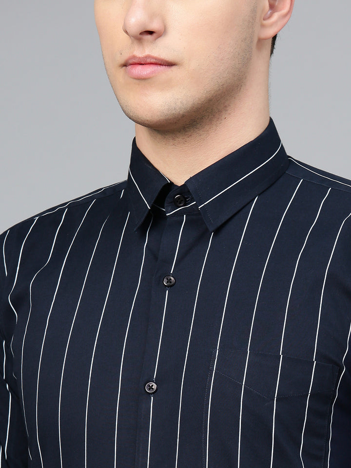 Men Navy Pure Cotton Striped Slim Fit Formal Shirt