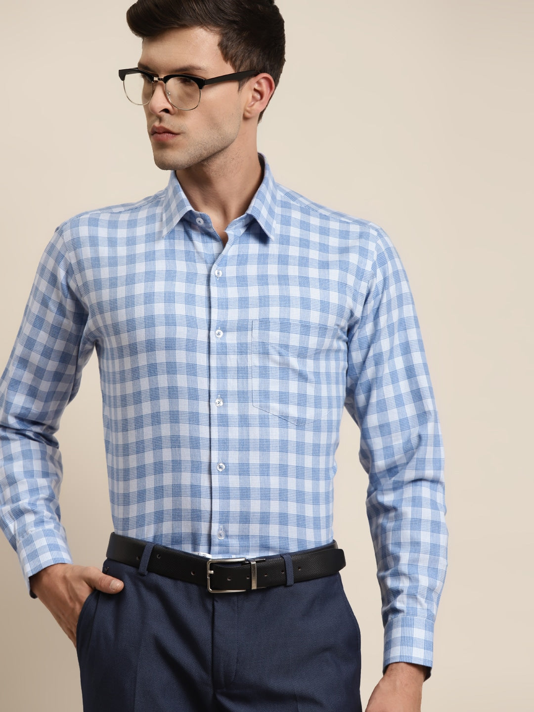 Men Blue Checked Pure Cotton Slim Fit Formal Shirt
