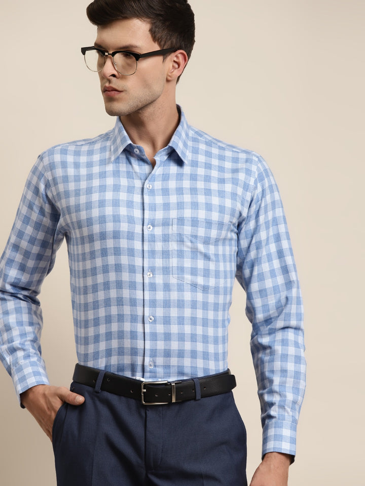 Men Blue Checked Pure Cotton Slim Fit Formal Shirt