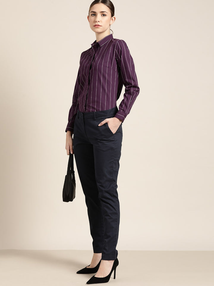 Women Wine Striped Pure Cotton Slim Fit Formal Shirt