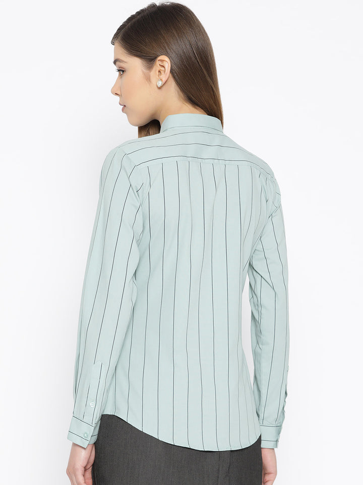 Women Green Pure Cotton Striped Slim Fit Formal Shirt