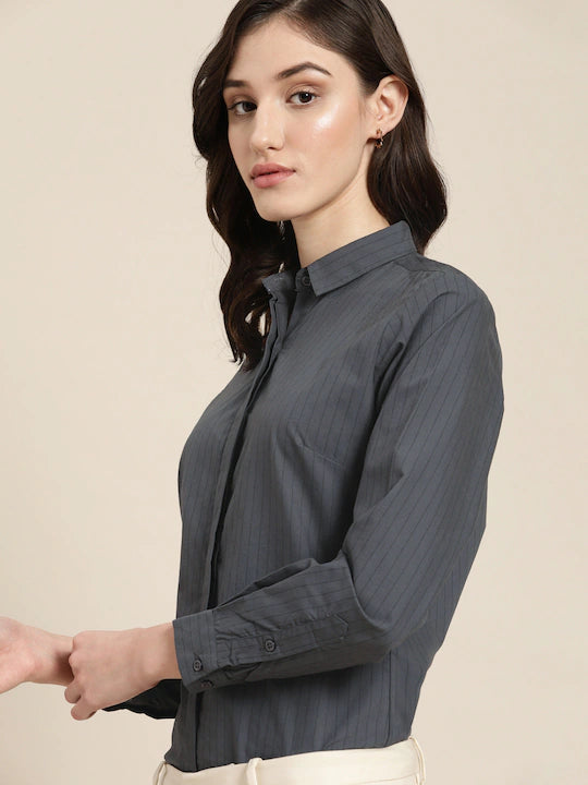 Women Grey Striped Pure Cotton Slim Fit Formal Shirt