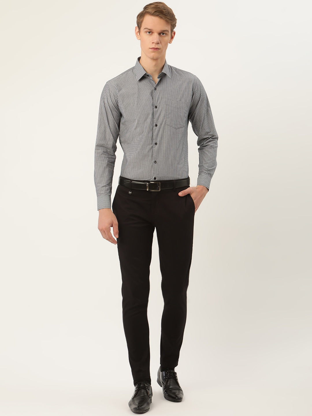Men Grey Stripes Pure Cotton Slim Fit Formal Shirt