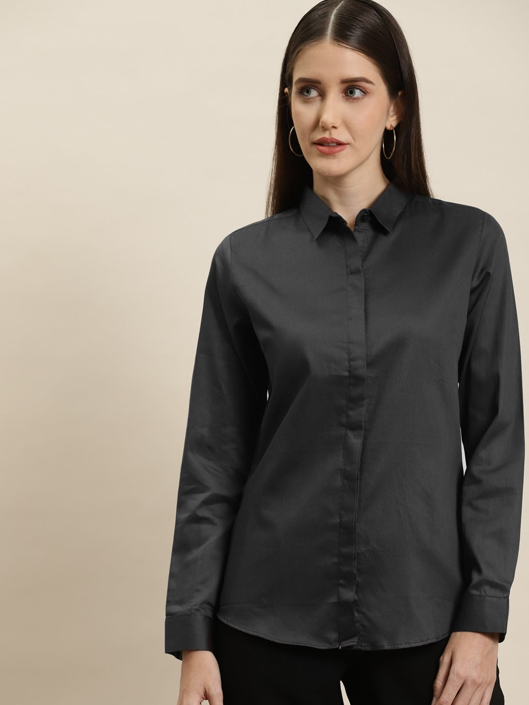 Women Dark Grey Solid Pure Cotton Satin Slim Fit Formal Shirt