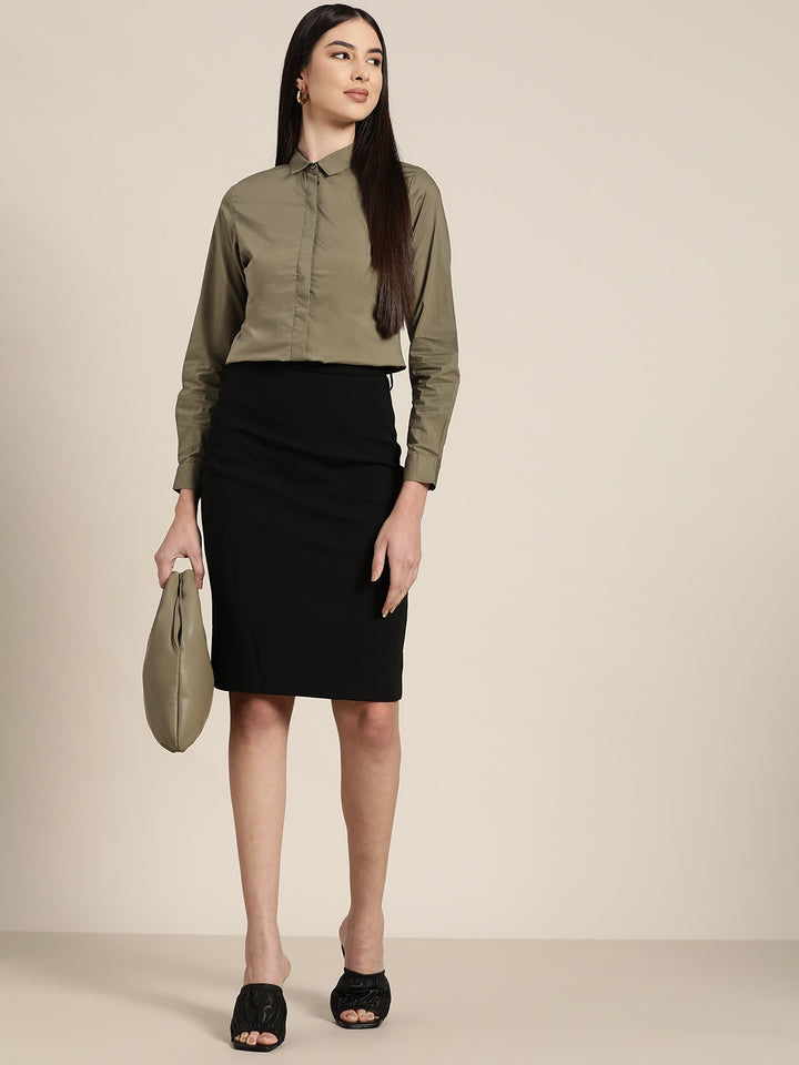 Women New Olive Solids Pure Cotton Slim Fit Formal Shirt