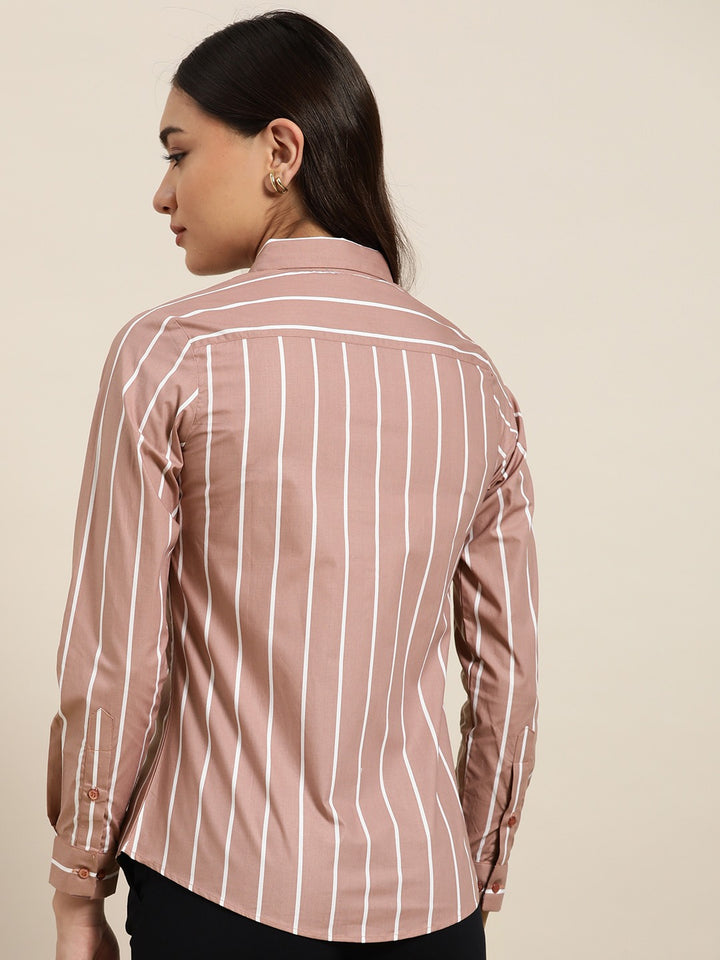 Women Coral Stripes Pure Cotton Slim Fit Formal Shirt
