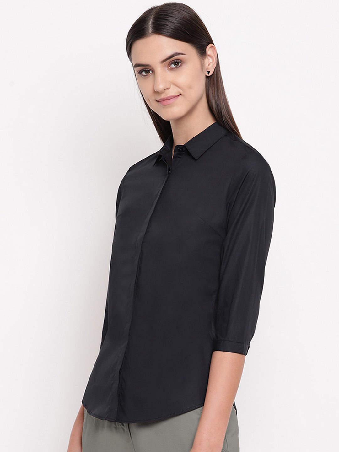 Women Black Pure Cotton Solid Slim Fit Formal Shirt