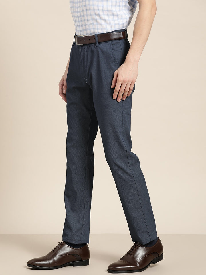 Men Navy Prints Cotton Elastene Slim Fit Formal Trouser