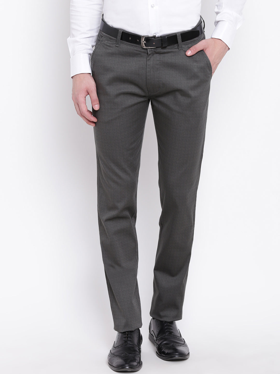 Men Grey Cotton Checked Slim Fit Casual Trouser