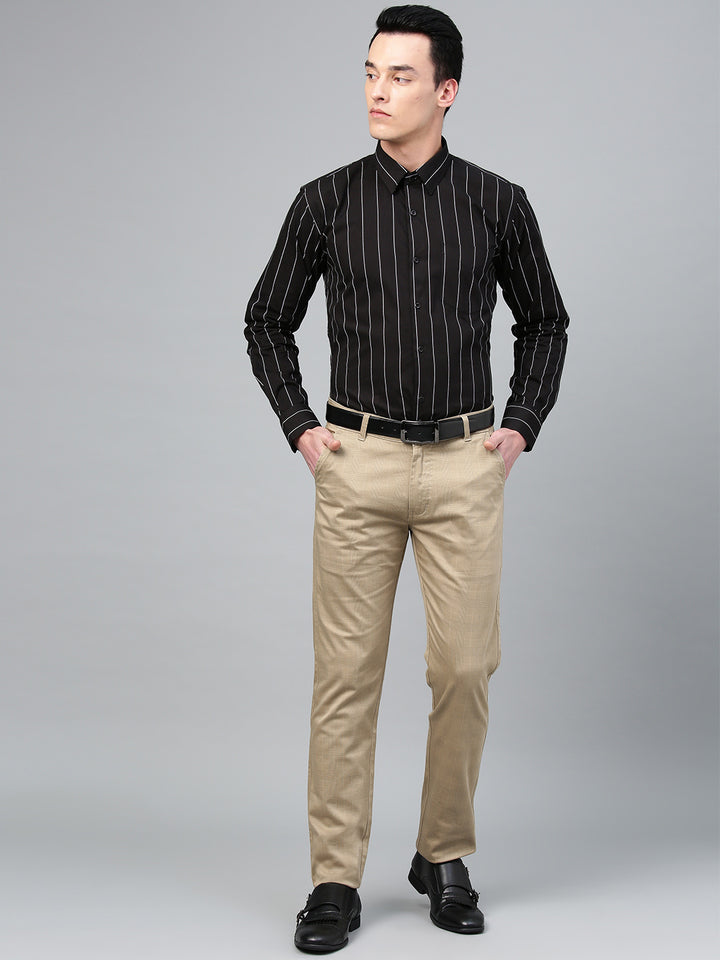 Men Beige Cotton Checked Slim Fit Casual Trouser
