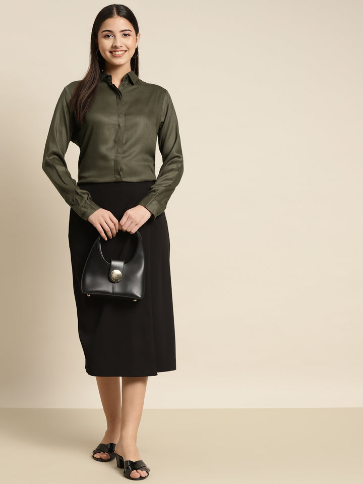 Women Olive Solid Viscose Rayon Regular Fit Formal Shirt
