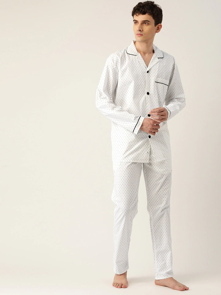 Men White Micro Dot Printed Pure Cotton Regular Fit Night Wear Night Suit