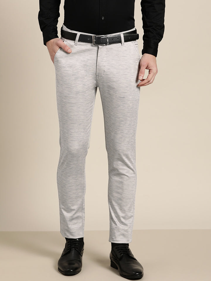 Men Grey Solids Cotton Elastene Slim Fit Formal Trouser