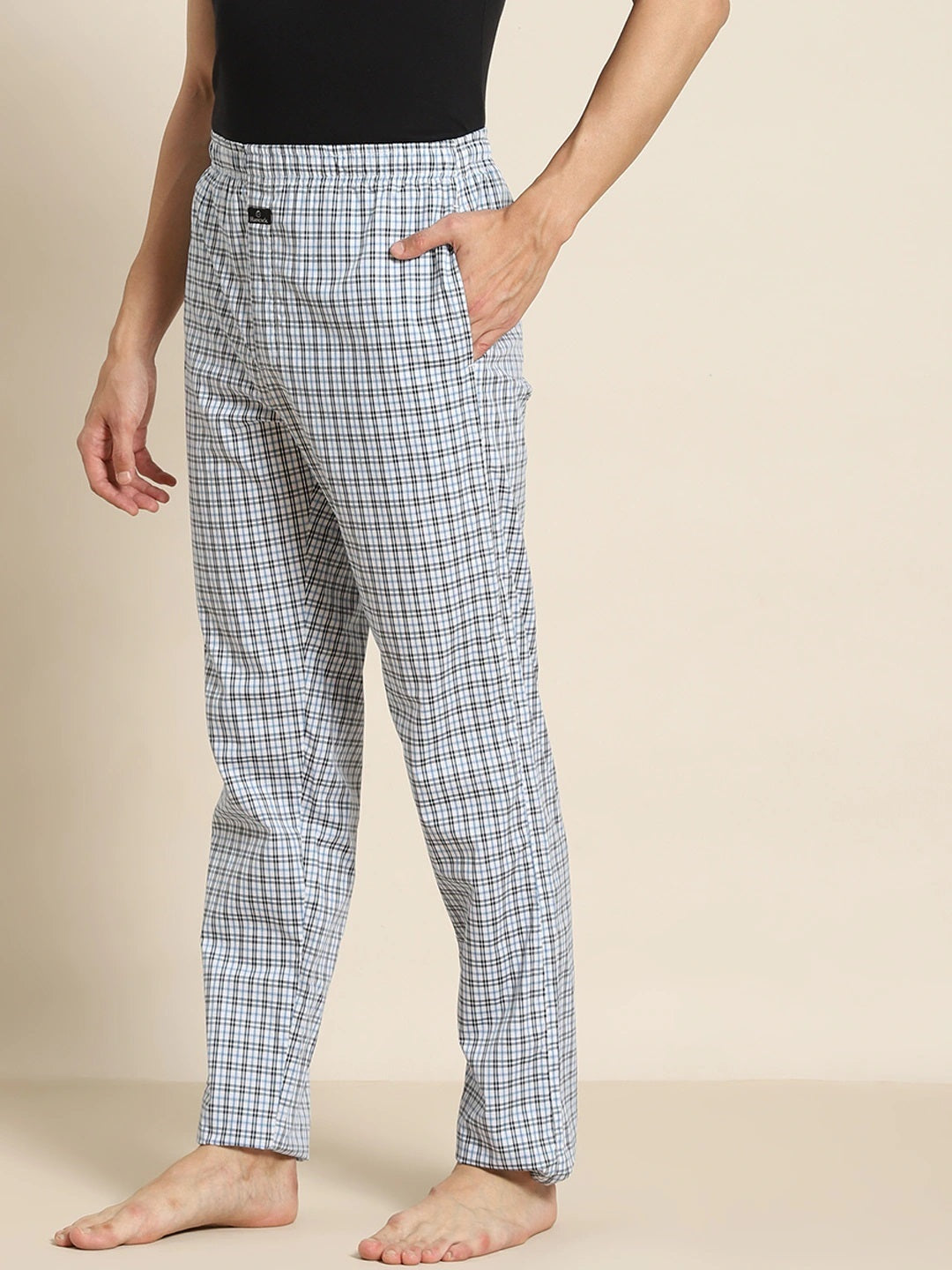 Men White-Blue Checks Pure Cotton Relaxed Fit Casual Lounge Pant