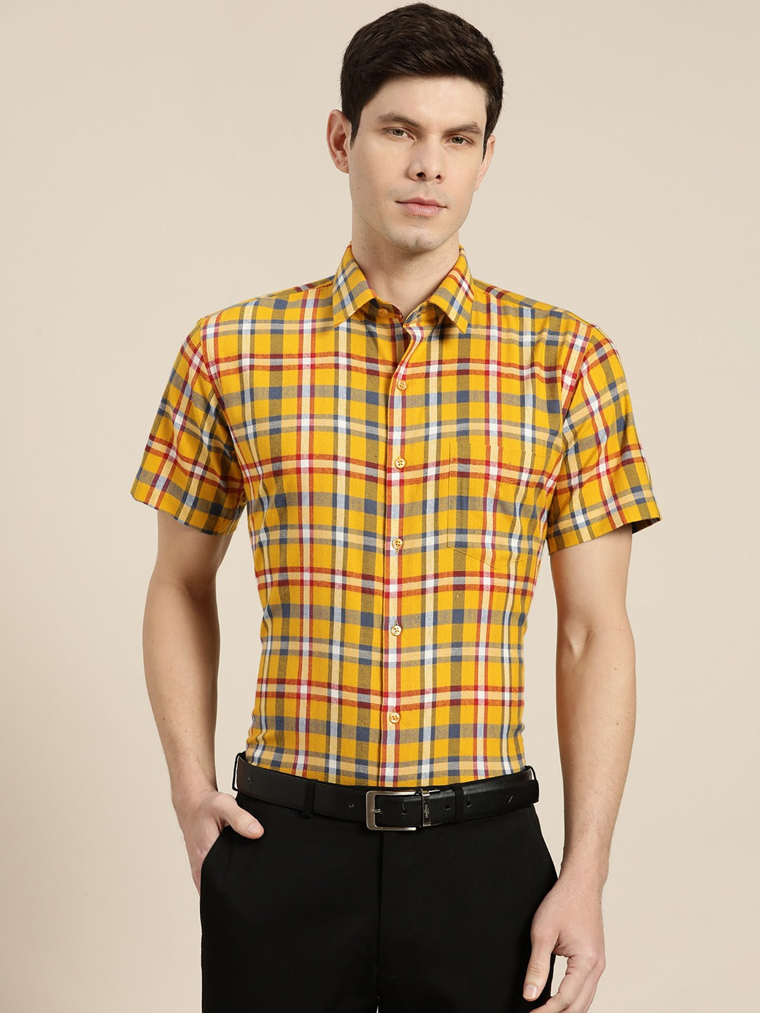 Men Yellow Checks Pure Cotton Slim Fit Formal Shirt