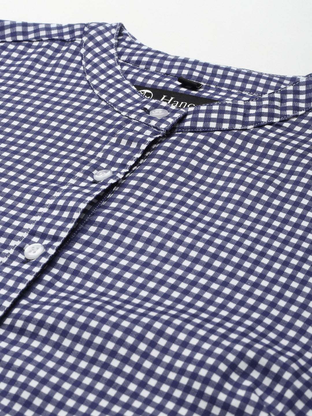 Women Navy & White Checked Pure Cotton Slim Fit Formal Top