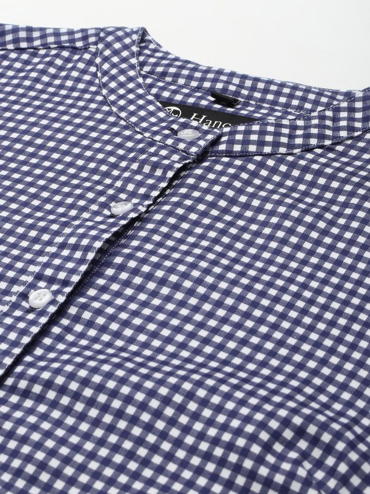 Women Navy & White Checked Pure Cotton Slim Fit Formal Top