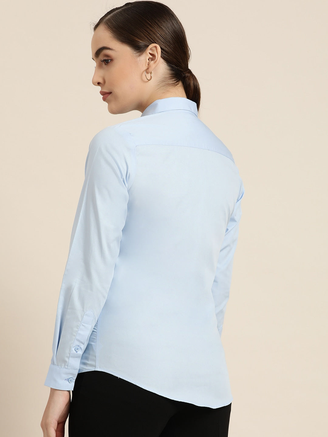 Women Sky Blue Solid Pure Cotton Slim Fit Formal Shirt