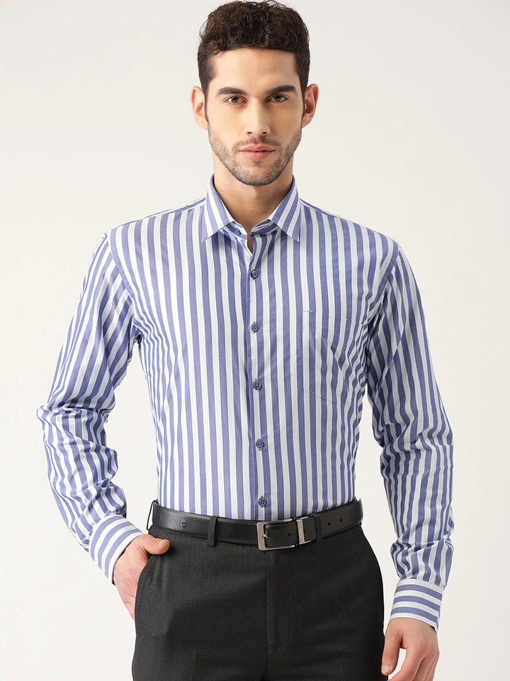 Men Blue Stripes Pure Cotton Slim Fit Formal Shirt
