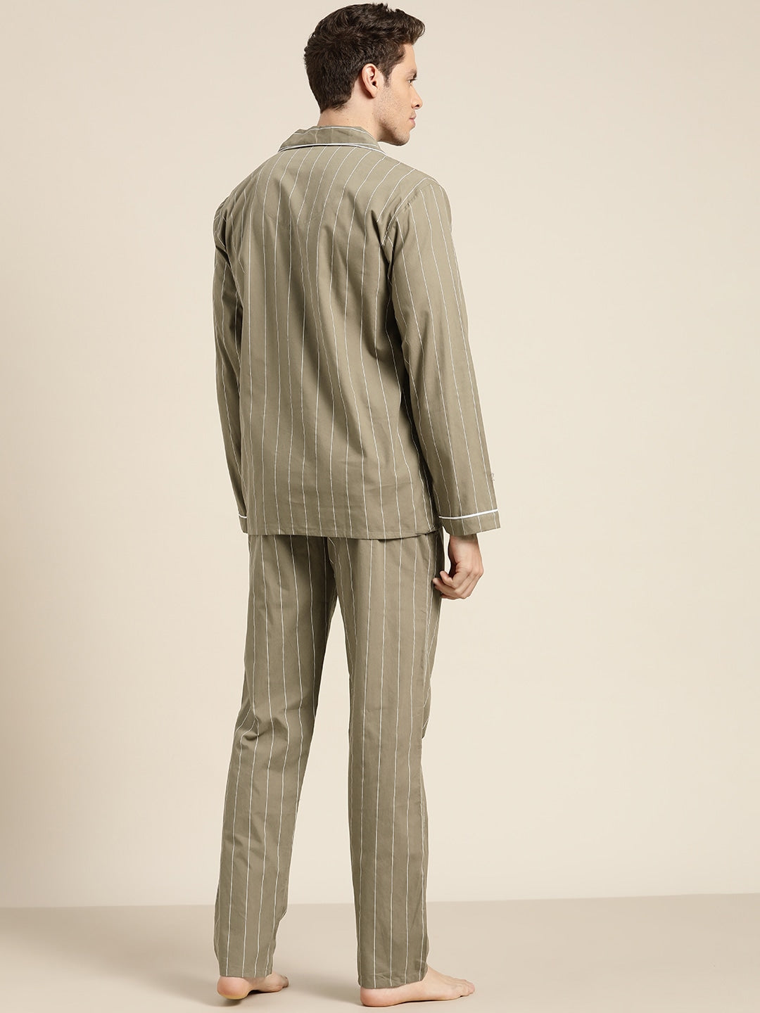 Men Grey Stripes Pure Cotton Regular Fit Night Wear Night Suit