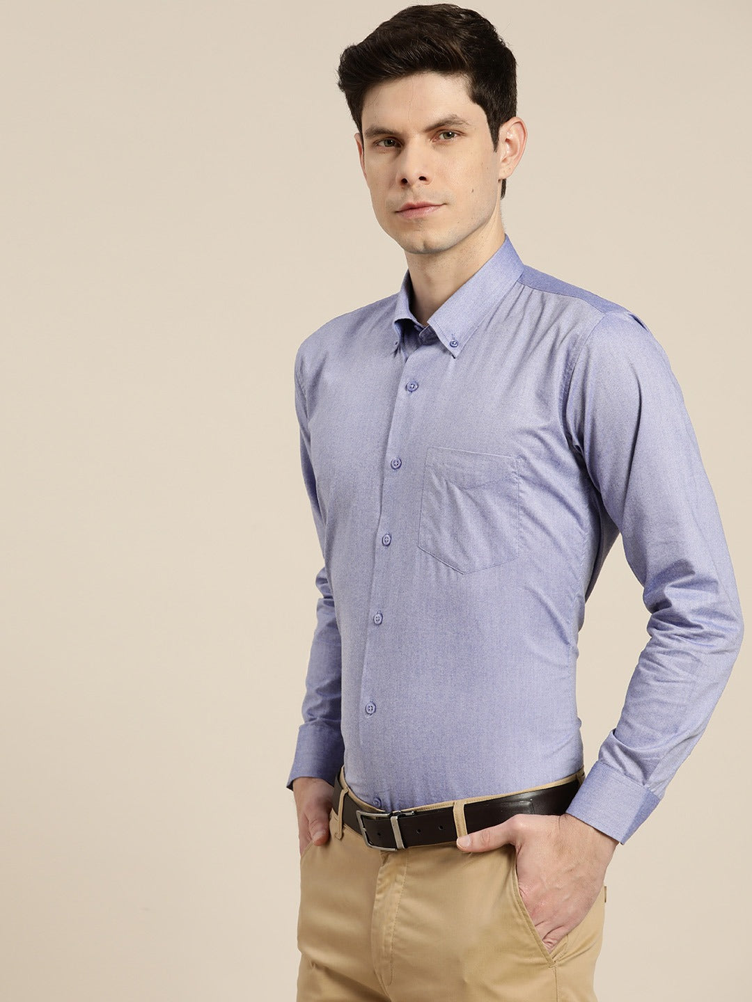 Men Blue Solid Chambray Button Down Collar Slim Fit Formal Shirt
