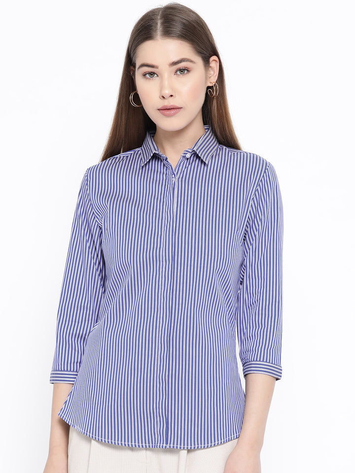Women Blue Pure Cotton Striped Slim Fit Formal Shirt