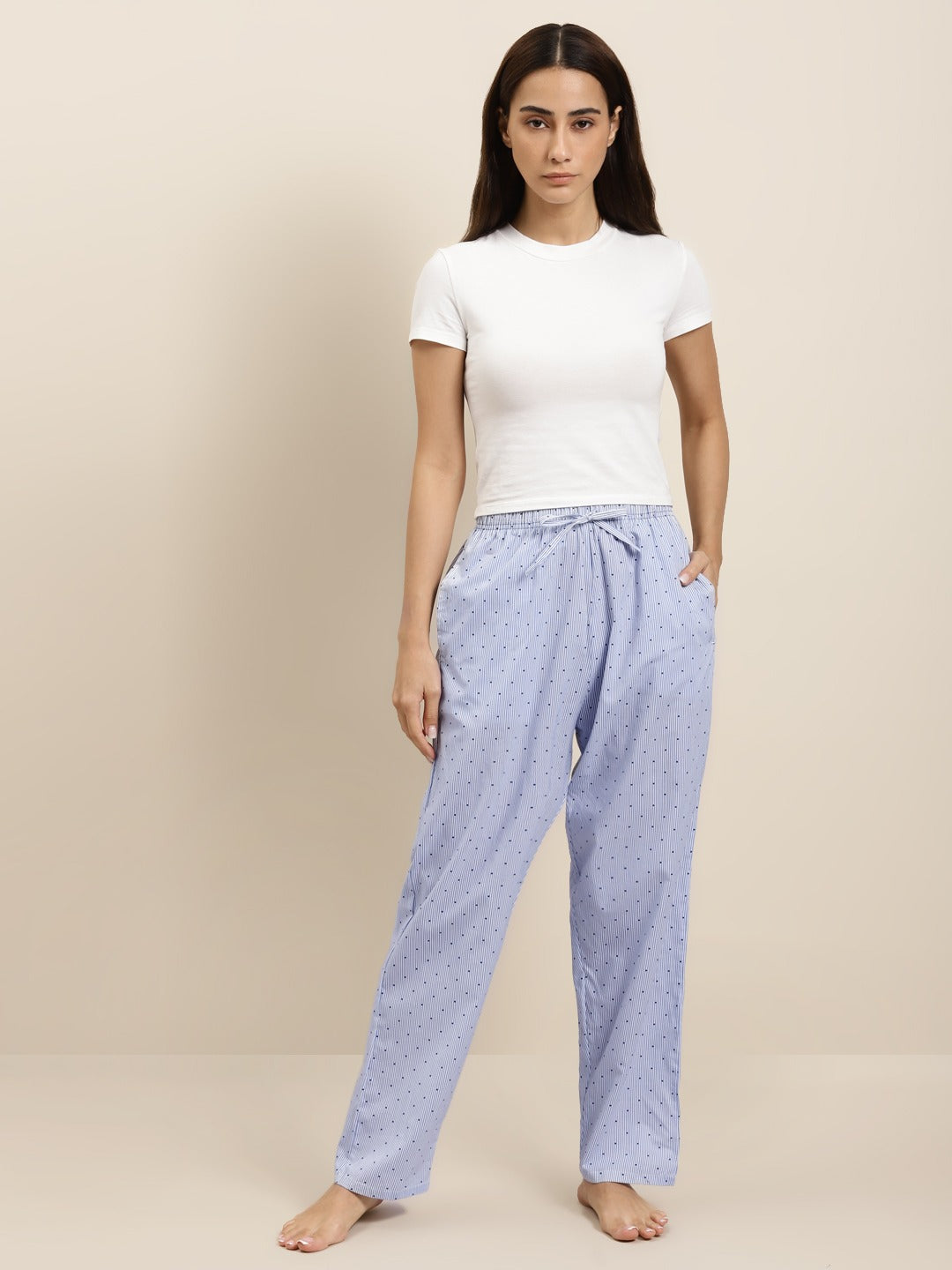 Women White-Blue Stripes Pure Cotton Relaxed Fit Casual Lounge Pant
