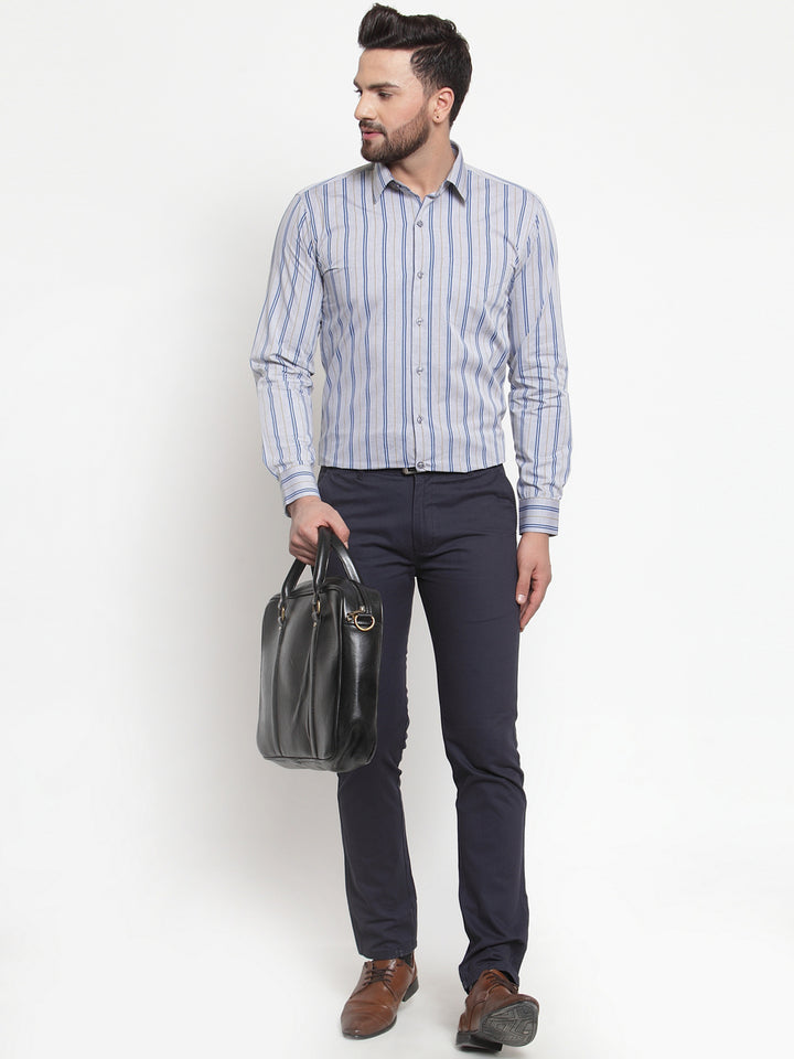 Men Grey Pure Cotton Striped Slim Fit Formal Shirt