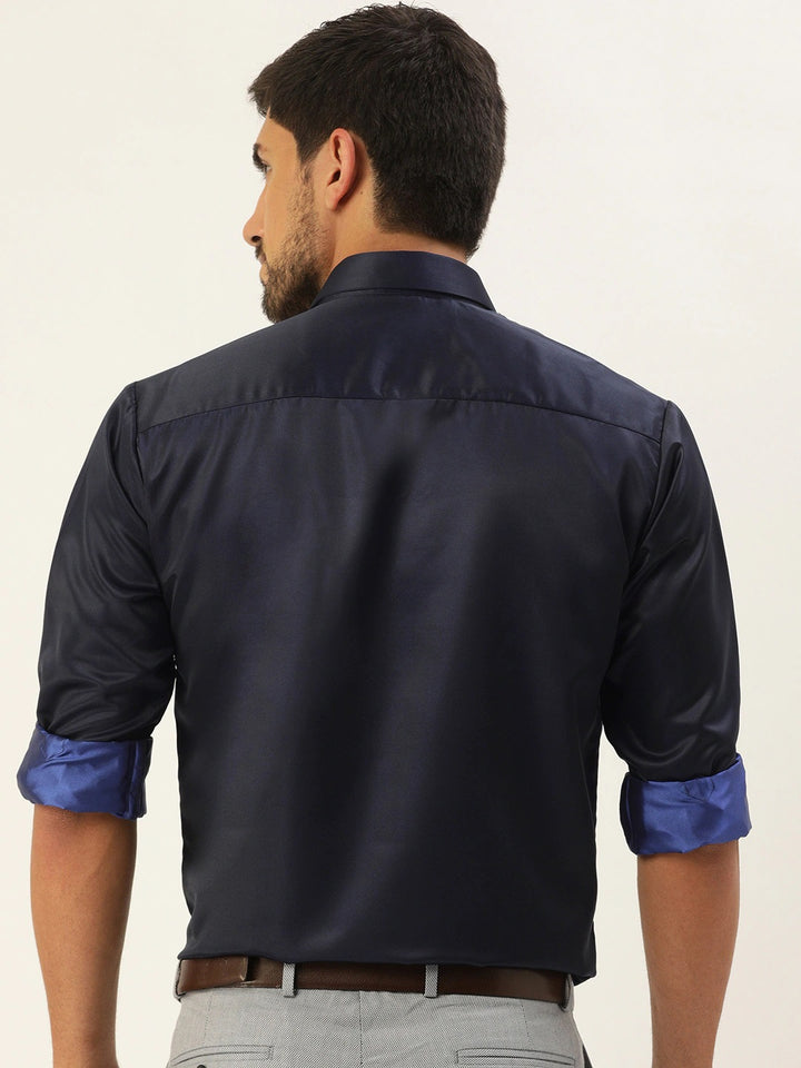 Men Navy Solids Polyester Slim Fit Formal Shirt