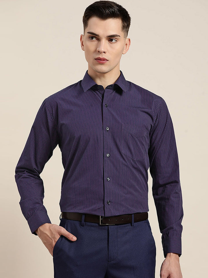 Men Navy Stripes Pure Cotton Slim Fit Formal Shirt