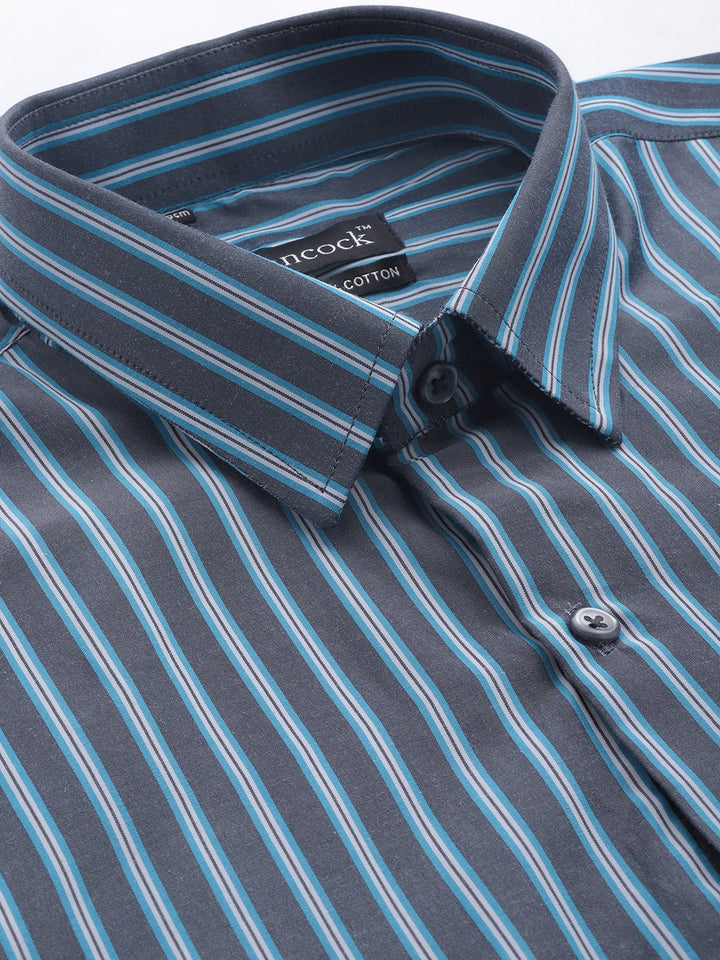Men Navy & Blue Stripes Pure Cotton Slim Fit Formal Shirt