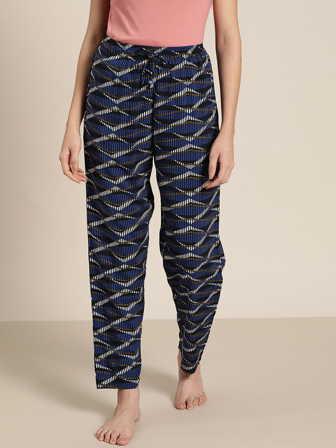 Women Navy & Blue Printed Viscose Rayon Relaxed Fit Casual Lounge Pant