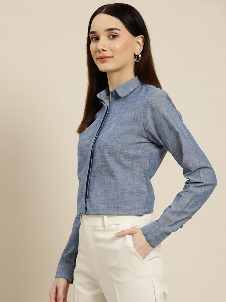 Women Blue Solids Pure Cotton Slim Fit Formal Shirt