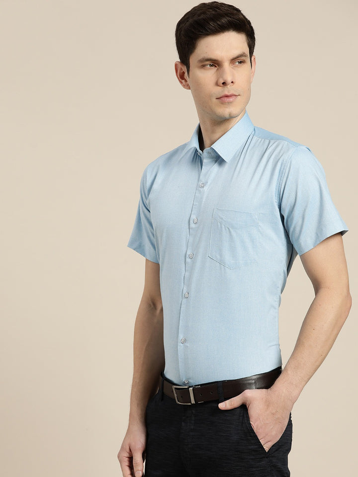 Men Turquoise Blue Solids Cotton Rich Slim Fit Formal Shirt