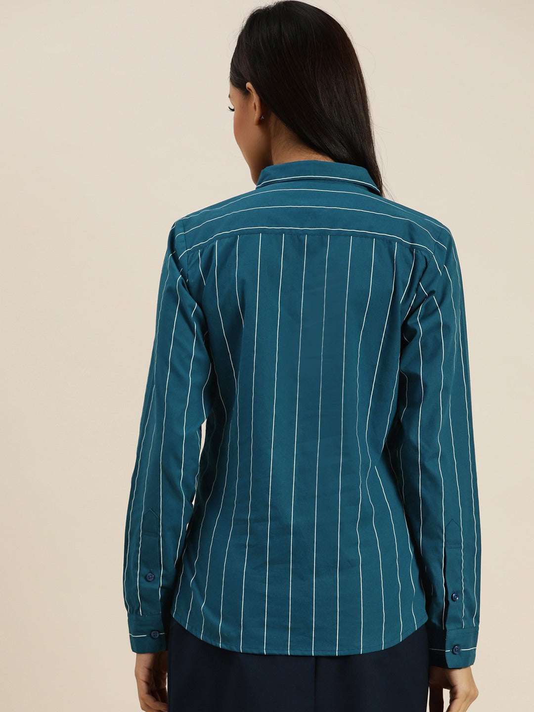 Women Turquoise Blue Striped Pure Cotton Slim Fit Formal Shirt