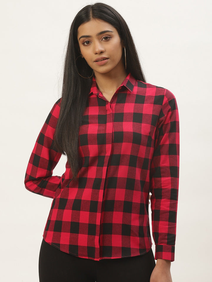 Women Red & BLack Checks Pure Cotton Slim Fit Formal Shirt