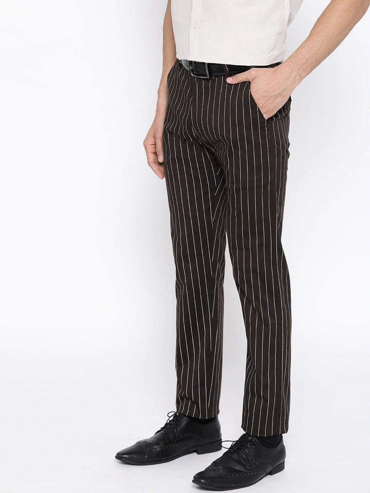 Men Brown Striped Cotton Stretch Slim Fit Formal Trouser