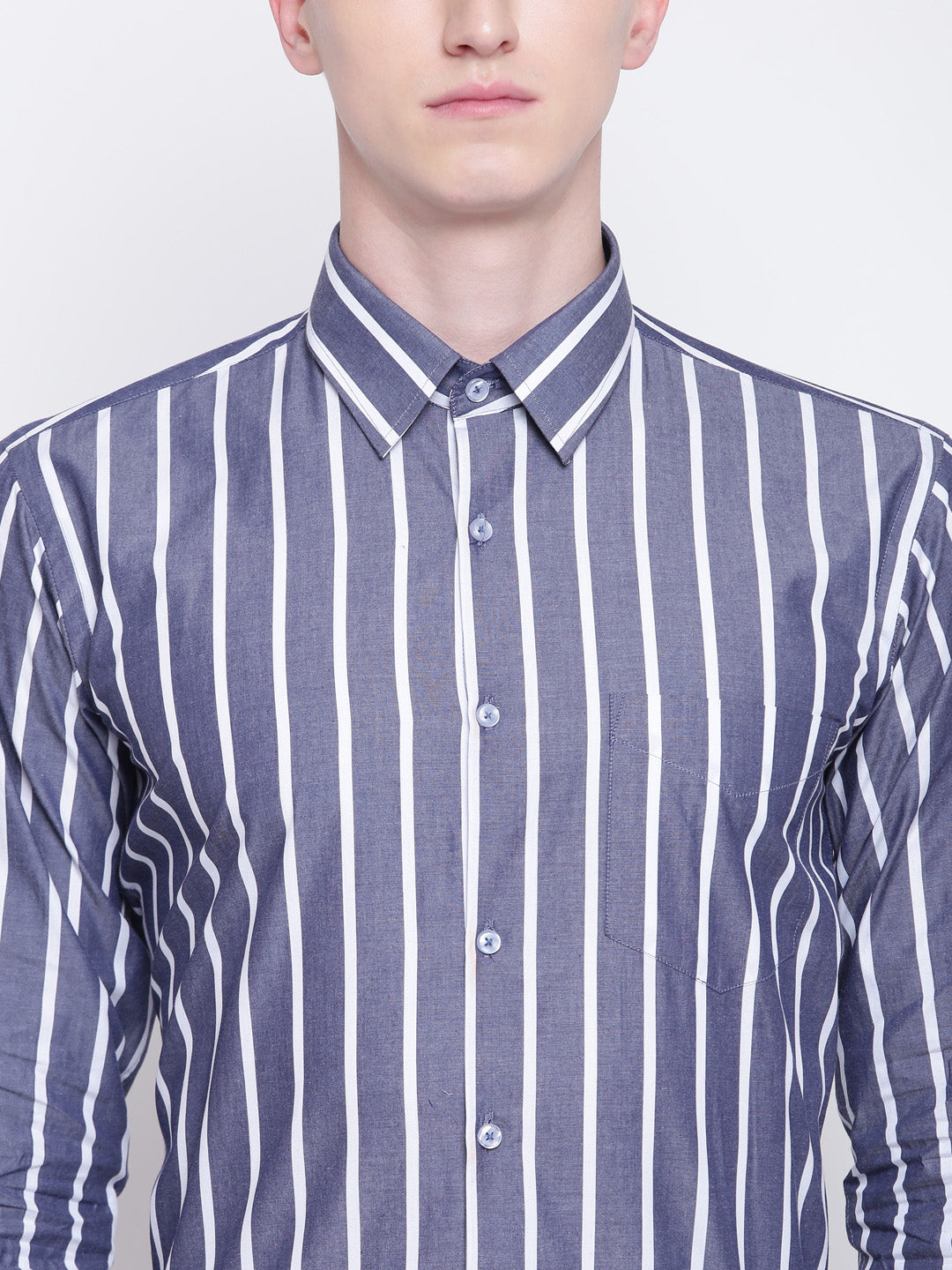 Men Grey & White Pure Cotton Striped Slim Fit Formal Shirt