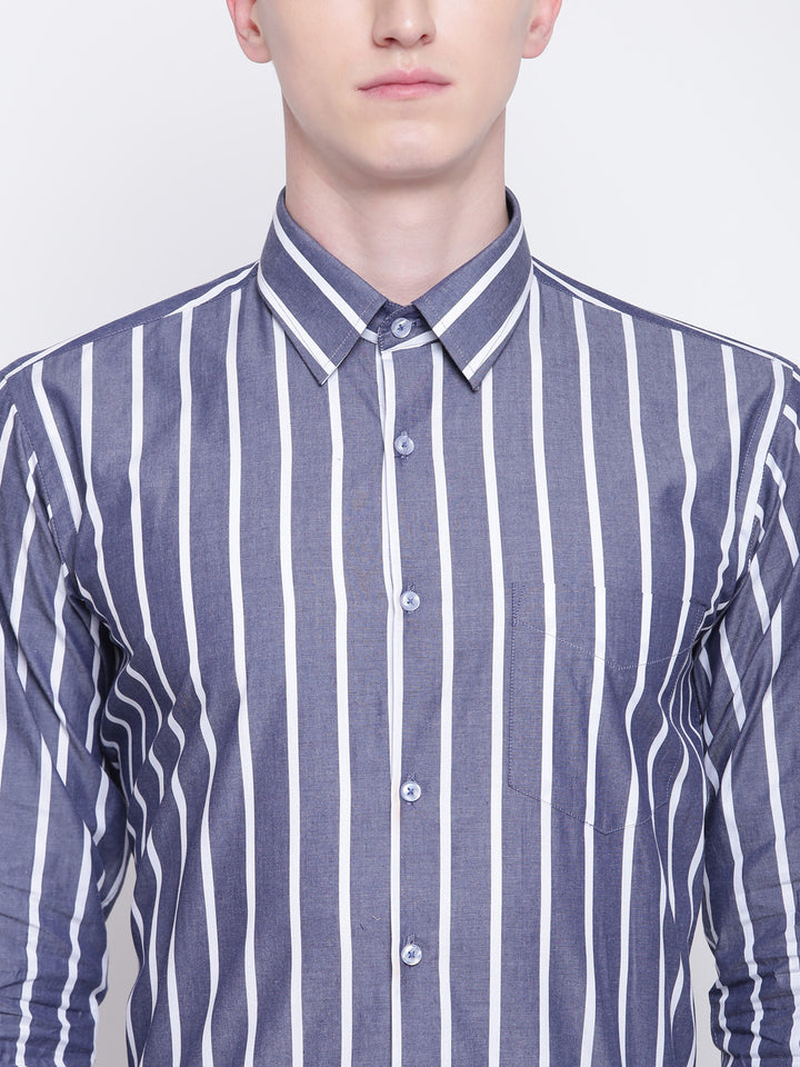 Men Grey & White Pure Cotton Striped Slim Fit Formal Shirt