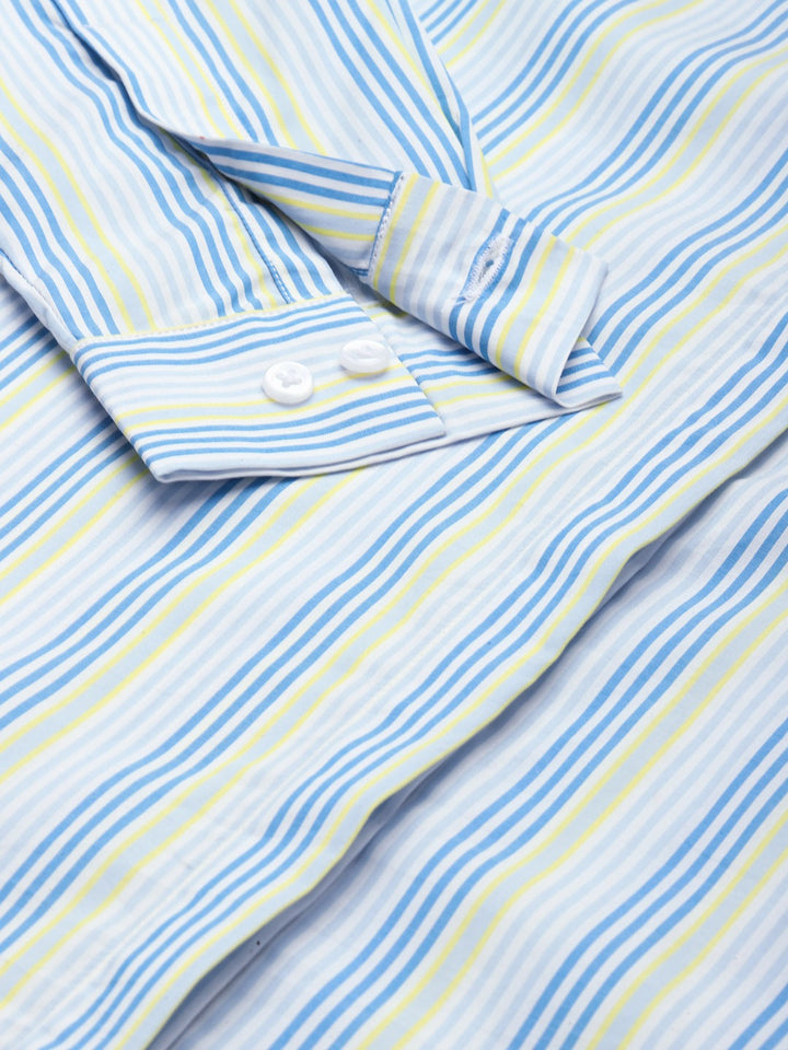 Women White & Blue Stripes Pure Cotton Slim Fit Formal Shirt