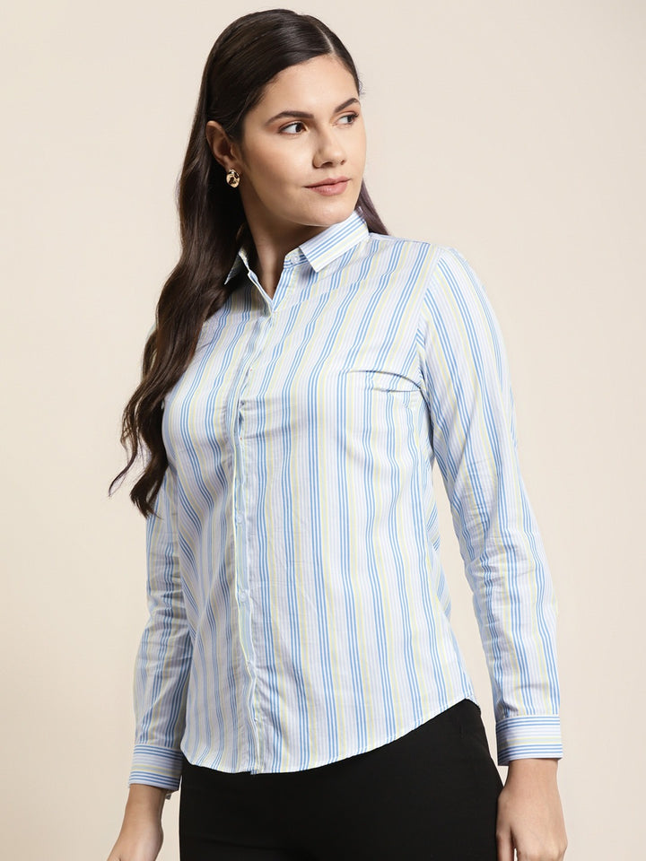 Women White & Blue Stripes Pure Cotton Slim Fit Formal Shirt
