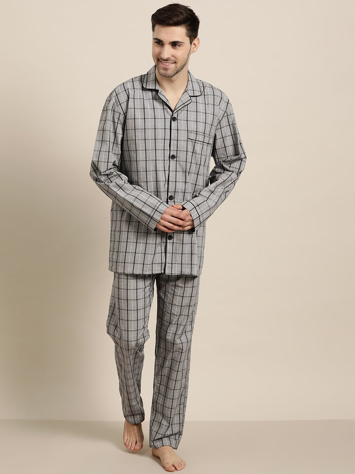 Men Grey Checks Pure Cotton Regular Fit Night Wear Night Suit